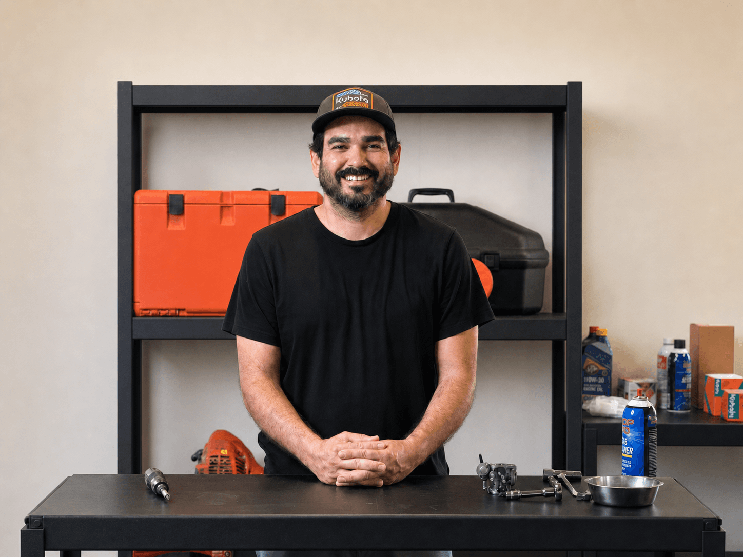 Jesse, owner of Valley Center Small Engine Repair, in his workshop with tools and parts laid out on the bench